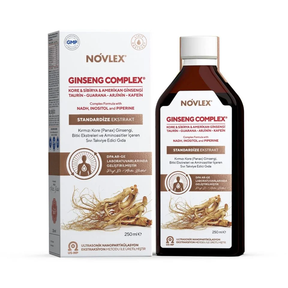 Novlex® Ginseng Complex 250 ml | Kore, Sibirya ve Amerikan Ginsengi Ekstresi Novlex Ginseng Complex 250 ml – Kore, Sibirya ve Amerikan ginsengi ekstreli bitkisel sıvı takviye
